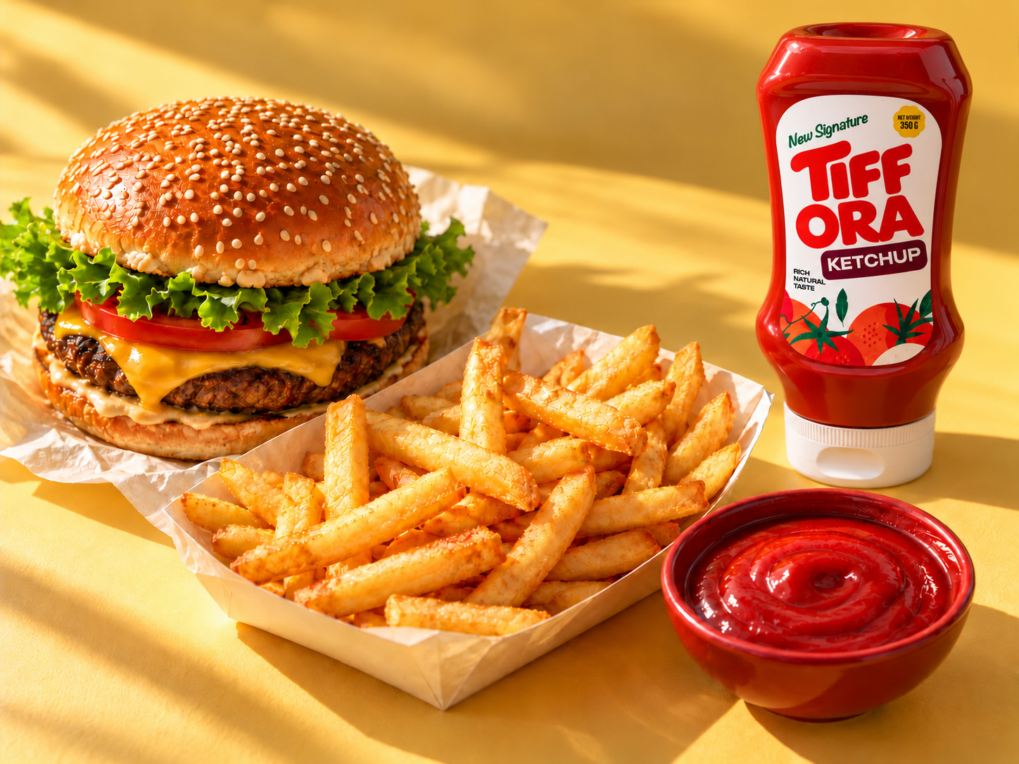 Golden fries, a fresh burger and tomato ketchup ready for dipping