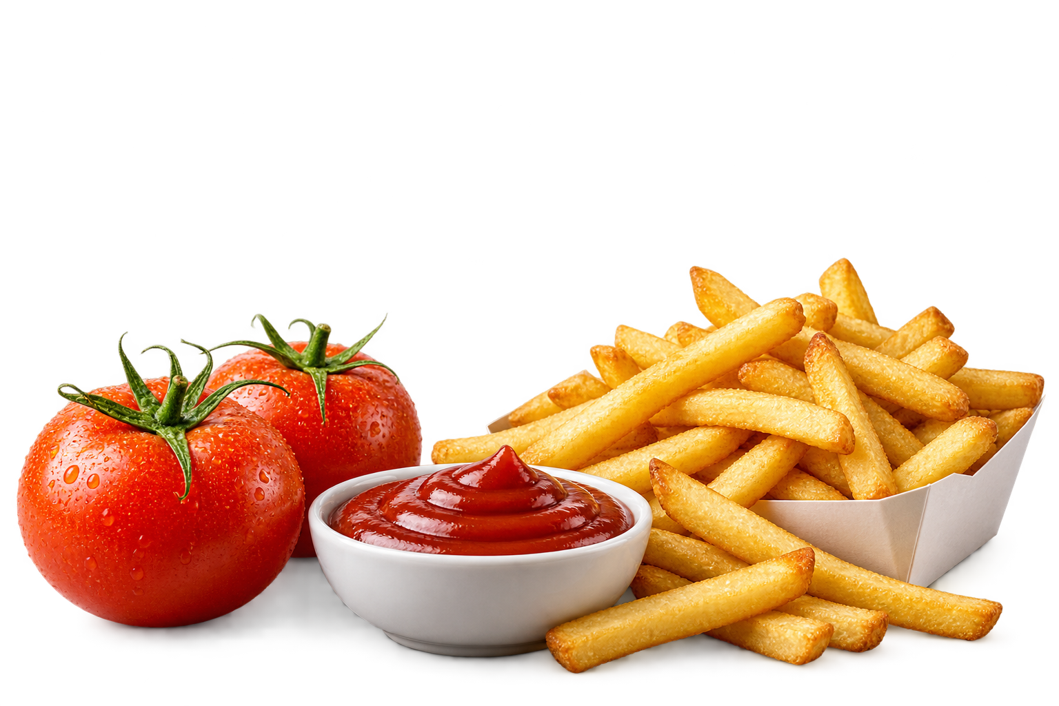 Fresh tomatoes, golden fries and a bowl of tomato ketchup