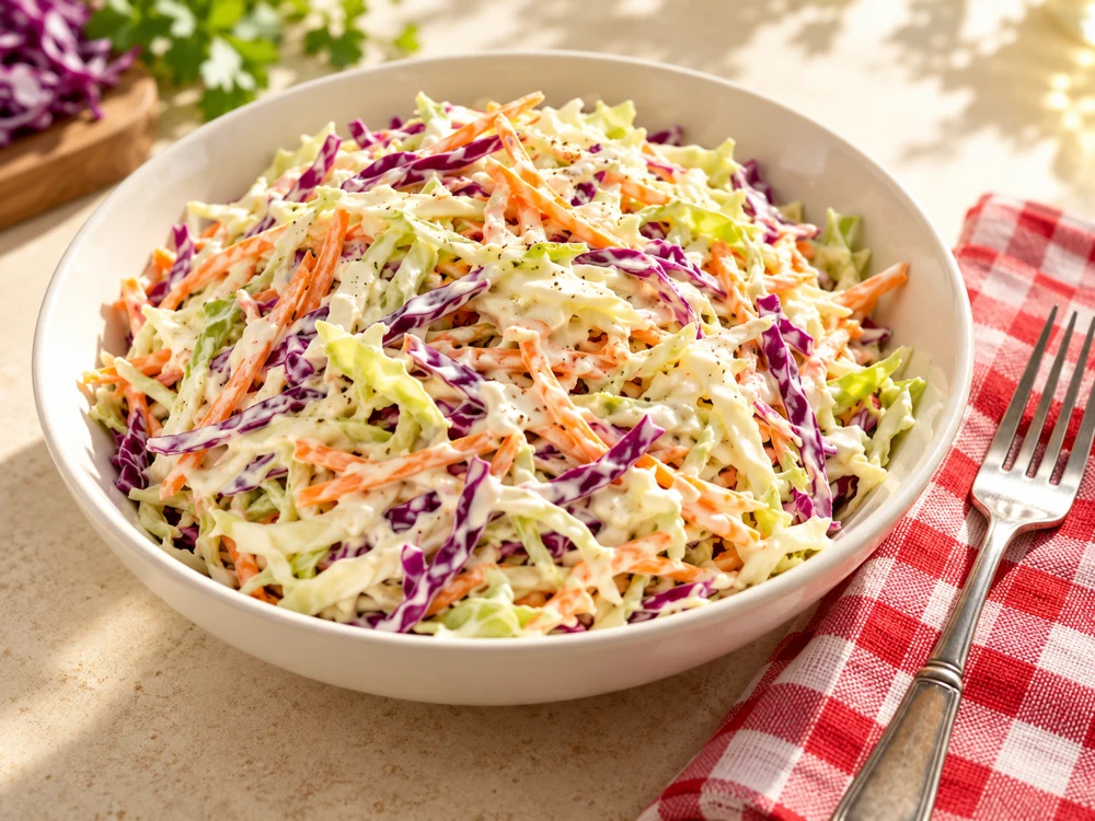 Colourful cabbage, a little tang, and plenty of creamy goodness.